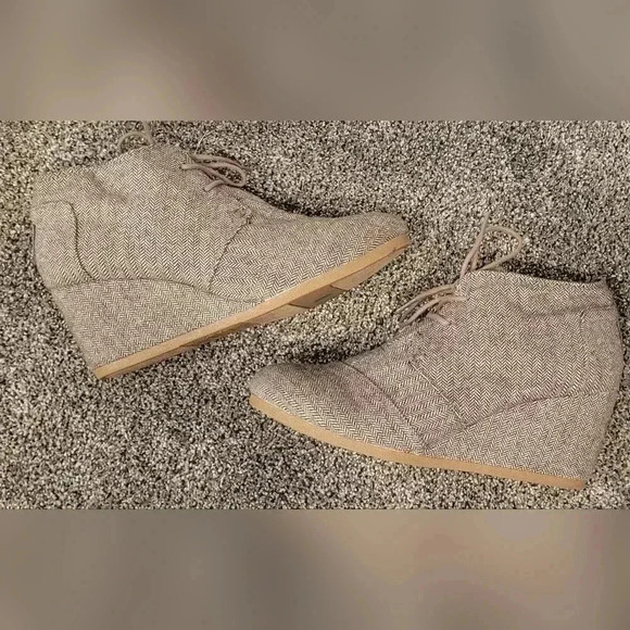 Toms Desert Herringbone Lace Up Wedge Ankle Oxford Bootie Brown Wool Upper Sz 11 - Picture 1 of 10